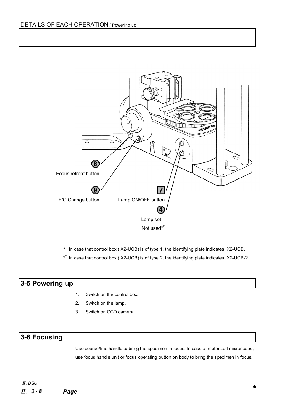 5 powering up, 6 focusing, Details of each operation | 3 - 8 page | Olympus IX2-DSU BX-DSU User Manual | Page 32 / 84