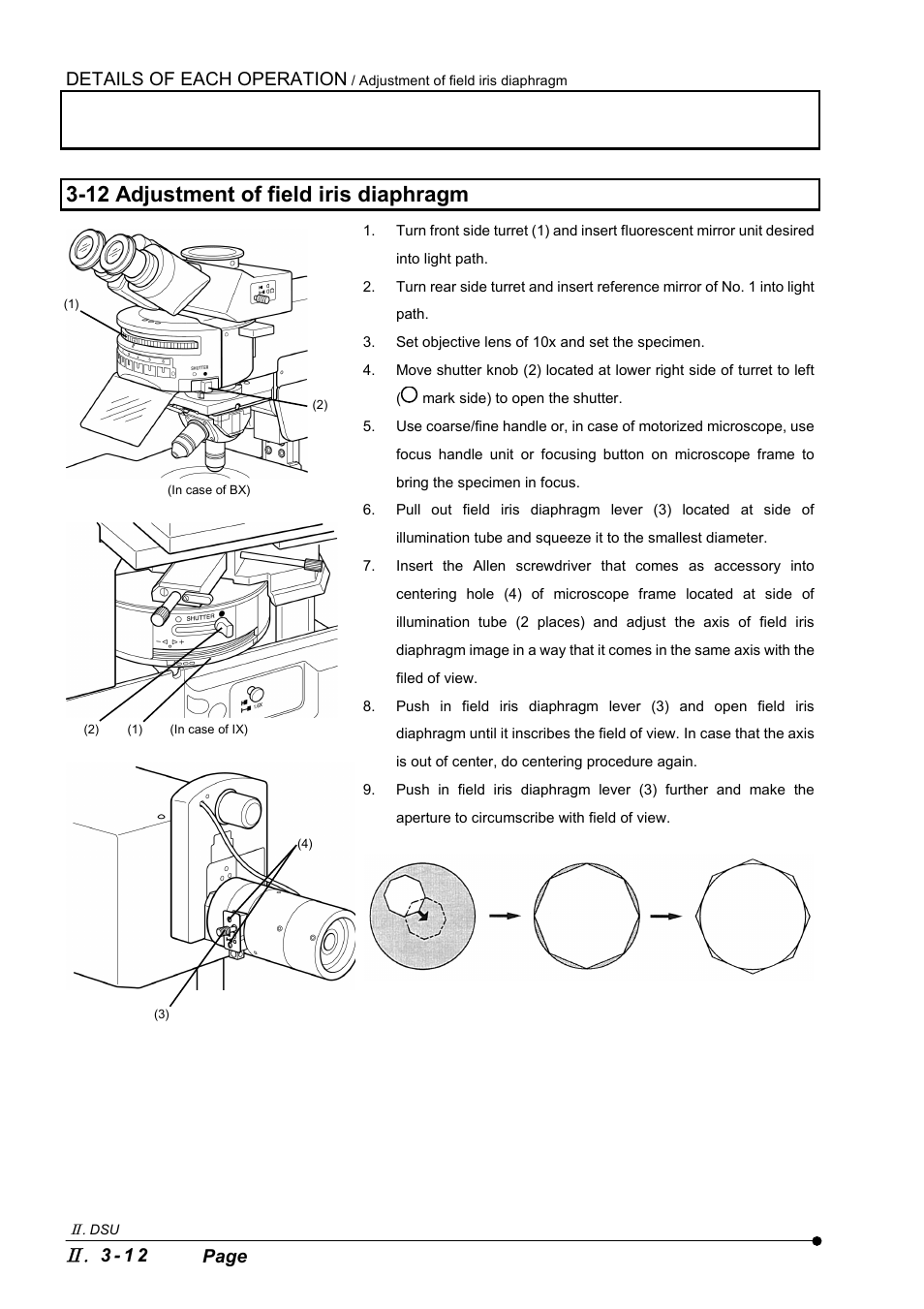 12 adjustment of field iris diaphragm, Details of each operation, 3 - 1 2 page | Olympus IX2-DSU BX-DSU User Manual | Page 36 / 84