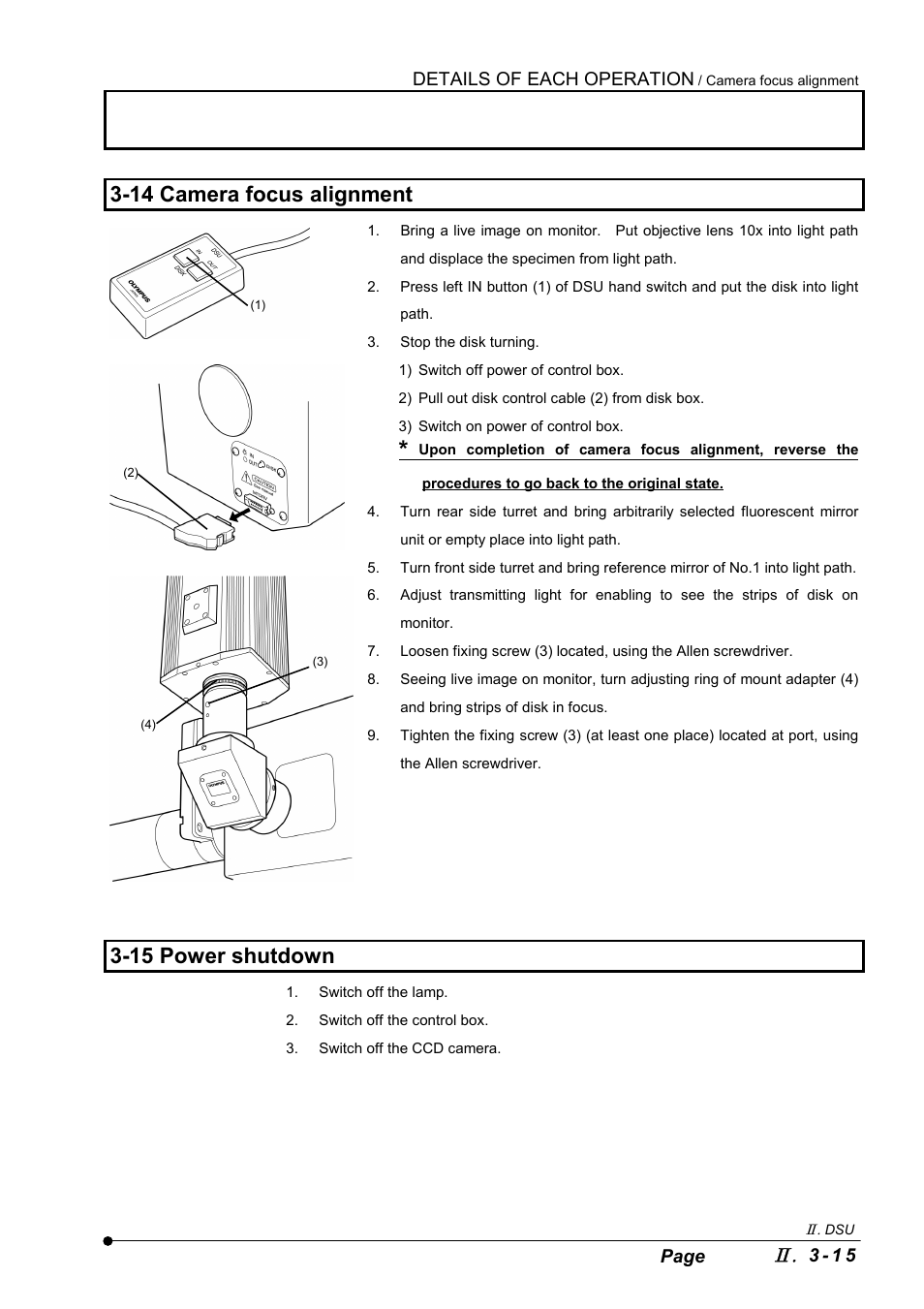 14 camera focus alignment, 15 power shutdown | Olympus IX2-DSU BX-DSU User Manual | Page 39 / 84