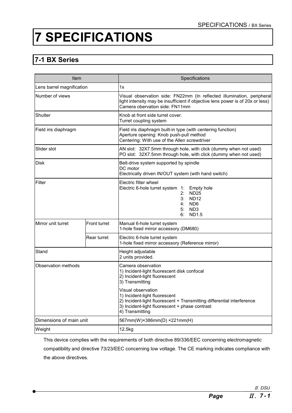 7 specifications, 1 bx series | Olympus IX2-DSU BX-DSU User Manual | Page 53 / 84