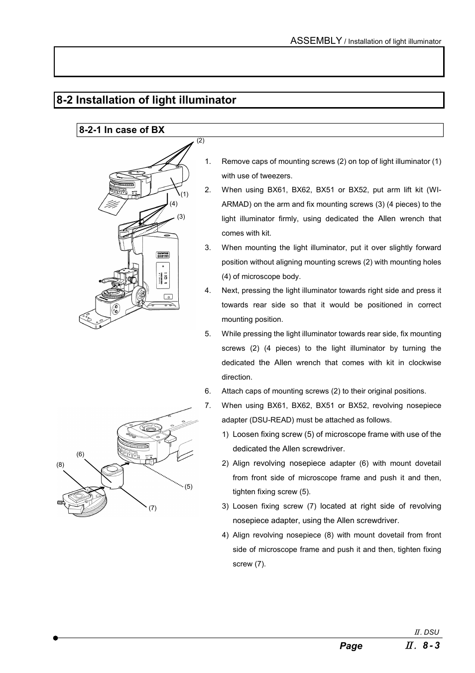 2 installation of light illuminator, 2-1 in case of bx, Assembly | 8 - 3 page | Olympus IX2-DSU BX-DSU User Manual | Page 57 / 84