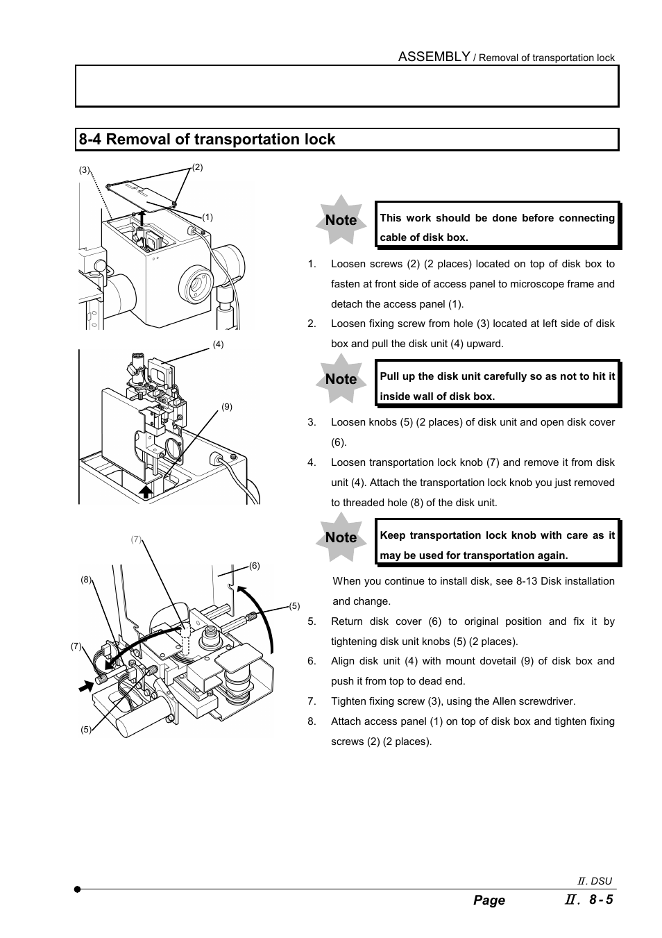 4 removal of transportation lock, Assembly, 8 - 5 page | Olympus IX2-DSU BX-DSU User Manual | Page 59 / 84