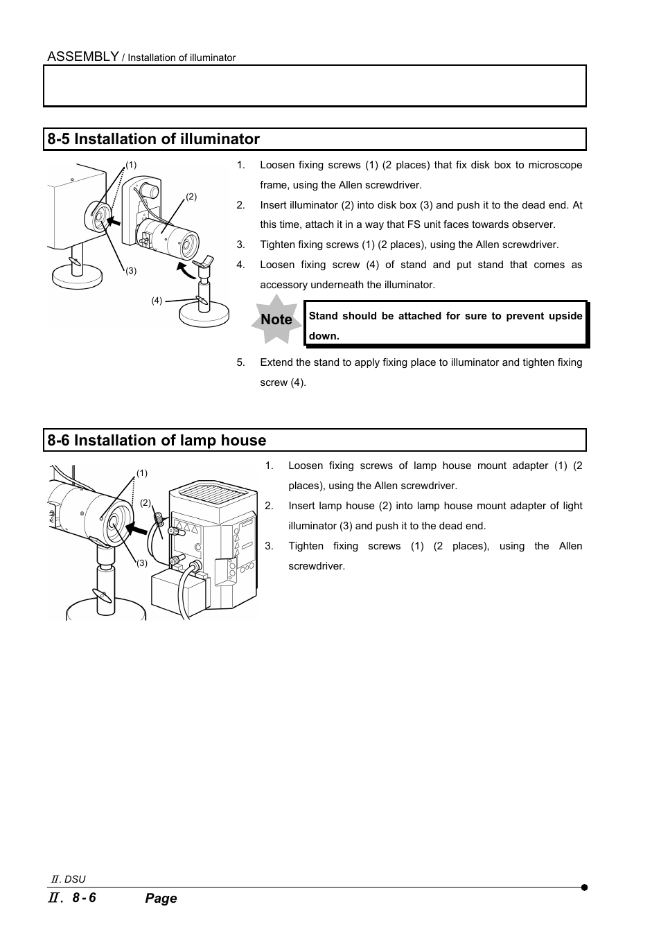 5 installation of illuminator, 6 installation of lamp house, Assembly | 8 - 6 page | Olympus IX2-DSU BX-DSU User Manual | Page 60 / 84