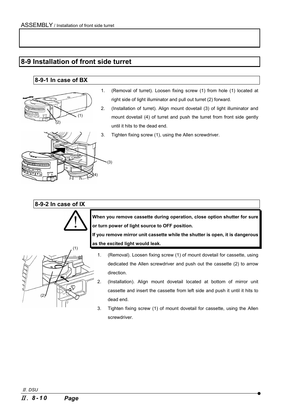 9 installation of front side turret, 9-1 in case of bx, 9-2 in case of ix | Assembly, 8 - 1 0 page | Olympus IX2-DSU BX-DSU User Manual | Page 64 / 84