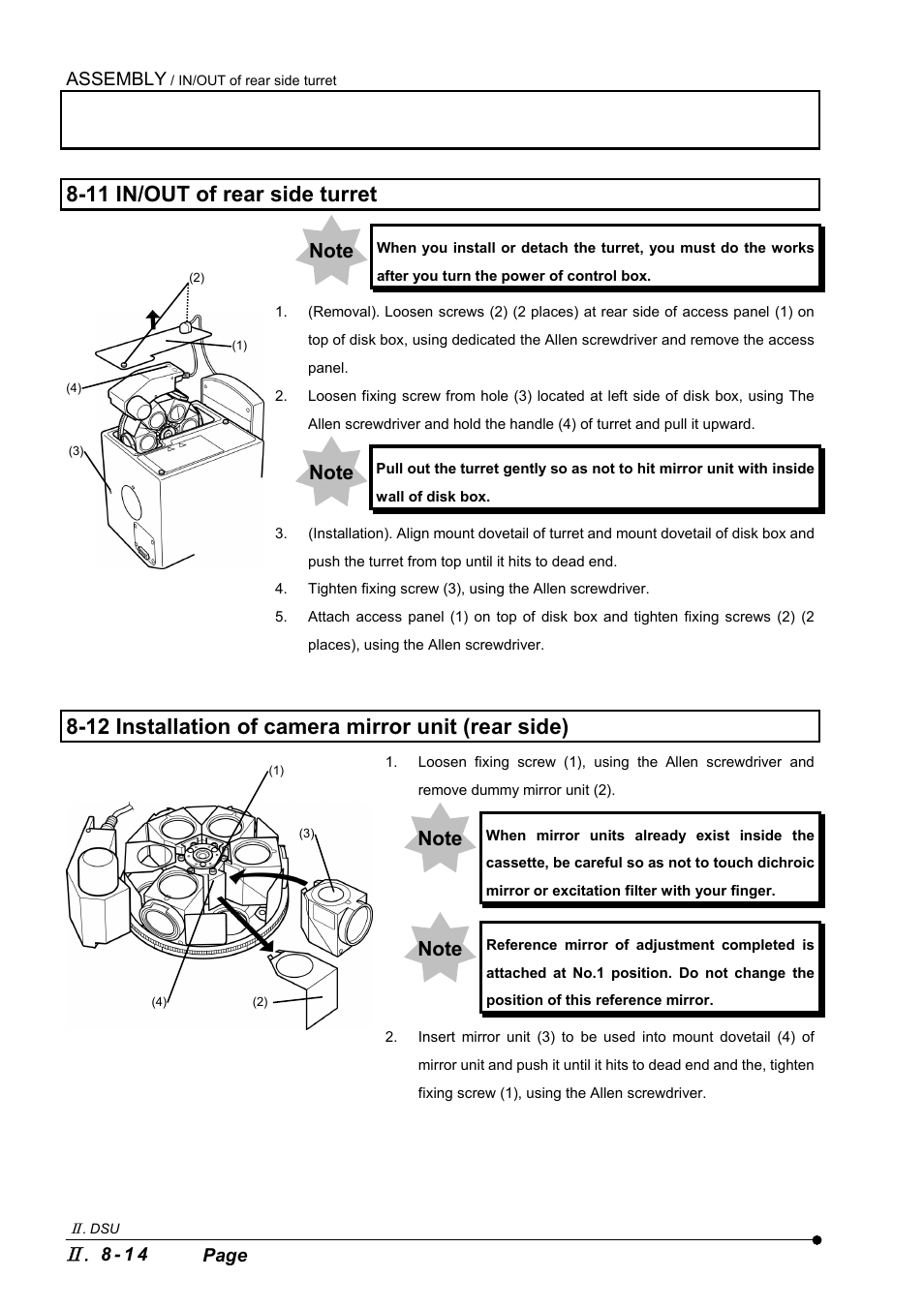 11 in/out of rear side turret, 12 installation of camera mirror unit (rear side), Assembly | 8 - 1 4 page | Olympus IX2-DSU BX-DSU User Manual | Page 68 / 84