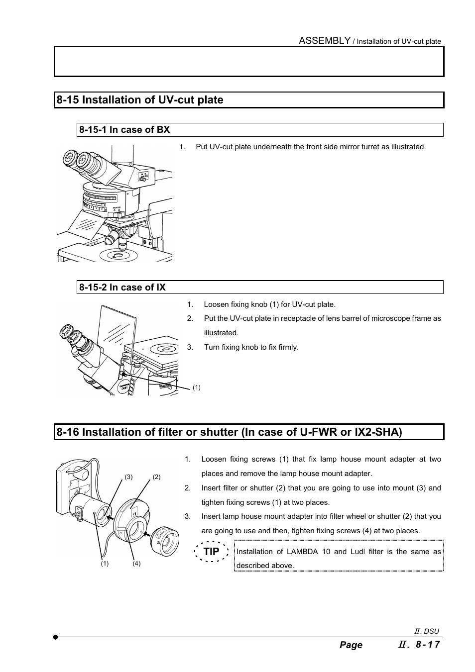 15 installation of uv-cut plate, 15-1 in case of bx, 15-2 in case of ix | Olympus IX2-DSU BX-DSU User Manual | Page 71 / 84