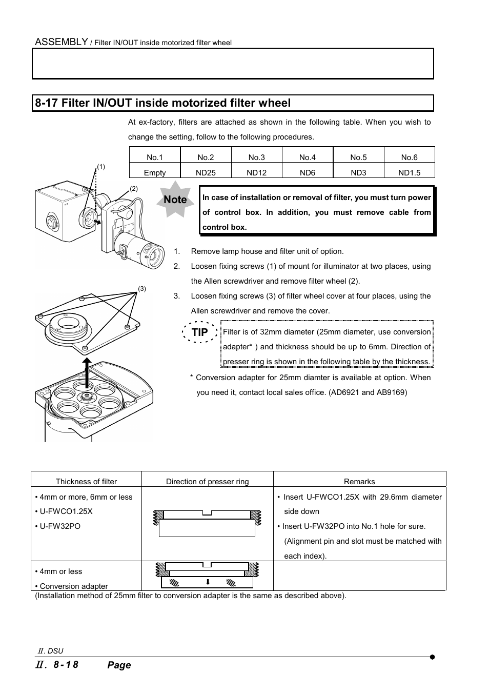 17 filter in/out inside motorized filter wheel, Assembly, 8 - 1 8 page | Olympus IX2-DSU BX-DSU User Manual | Page 72 / 84