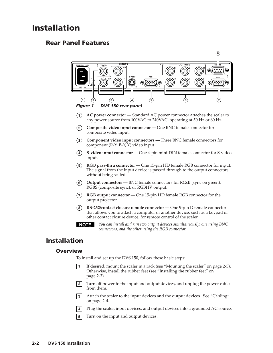 Installation, Installation, cont’d, Rear panel features | Overview | Extron Electronics DVS 150 User Manual | Page 12 / 38