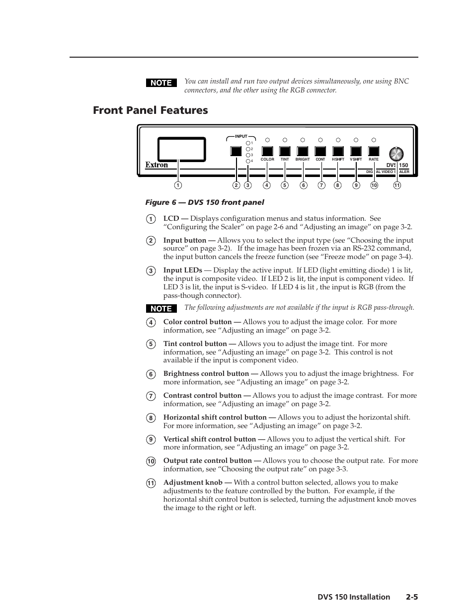 Front panel features | Extron Electronics DVS 150 User Manual | Page 15 / 38