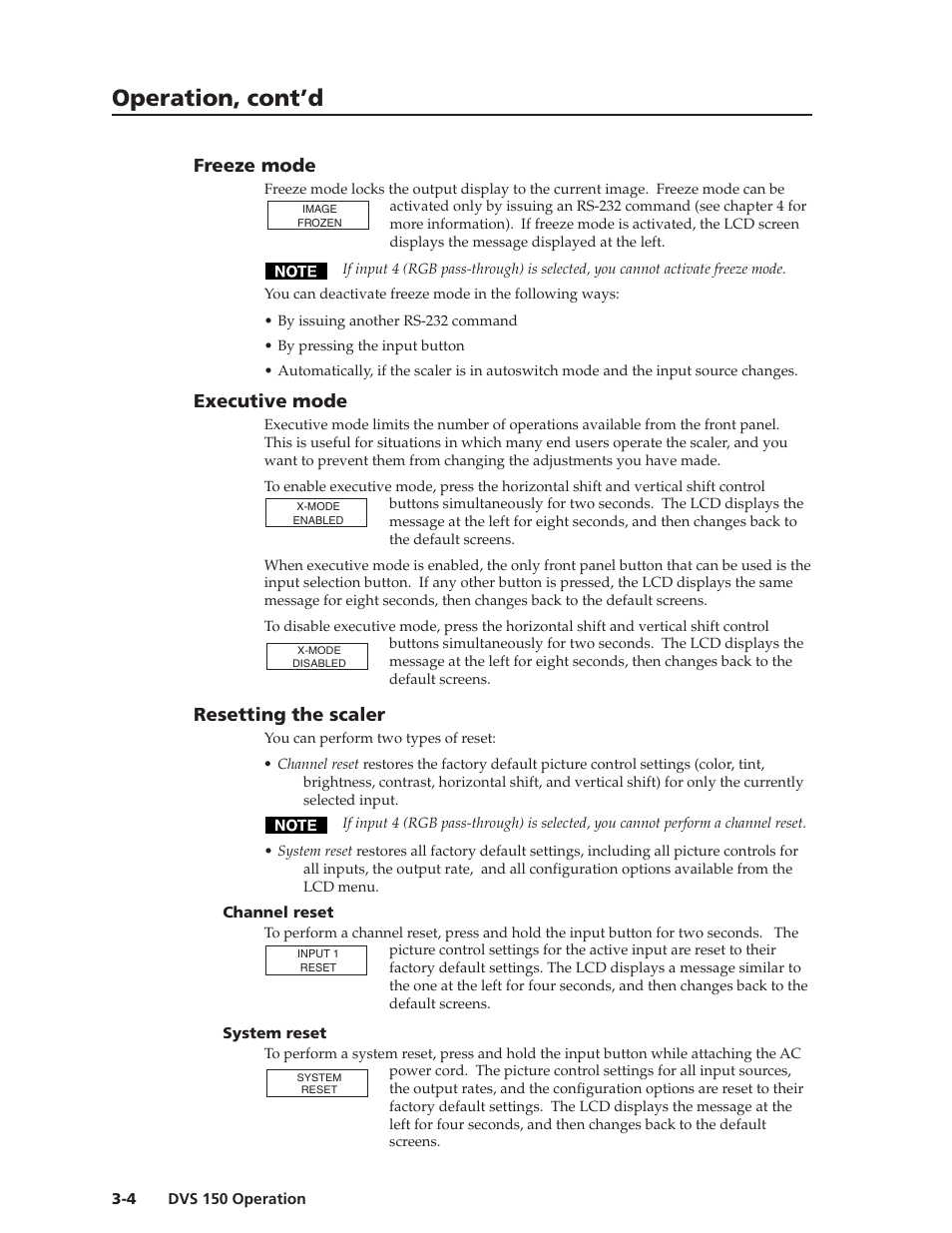 Operation, cont’d, Freeze mode, Executive mode | Resetting the scaler | Extron Electronics DVS 150 User Manual | Page 22 / 38