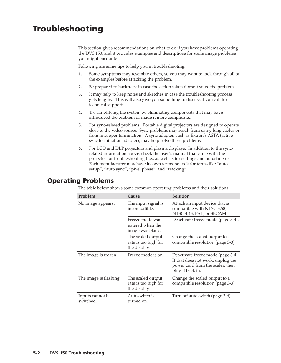 Troubleshooting, Troubleshooting, cont’d, Operating problems | Extron Electronics DVS 150 User Manual | Page 30 / 38