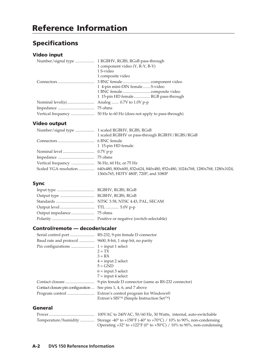 Reference information, Reference information, cont’d, Specifications | Extron Electronics DVS 150 User Manual | Page 34 / 38