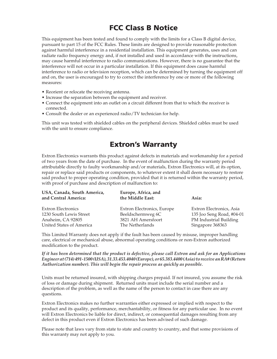 Fcc class b notice, Extron’s warranty | Extron Electronics DVS 150 User Manual | Page 37 / 38