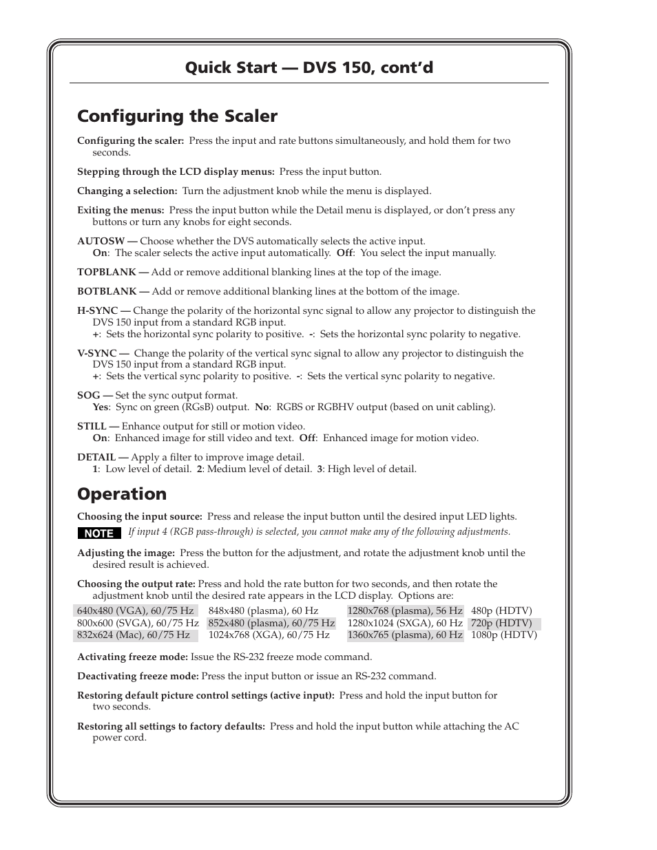 Configuring the scaler, Operation, Quick start — dvs 150, cont’d | Extron Electronics DVS 150 User Manual | Page 4 / 38