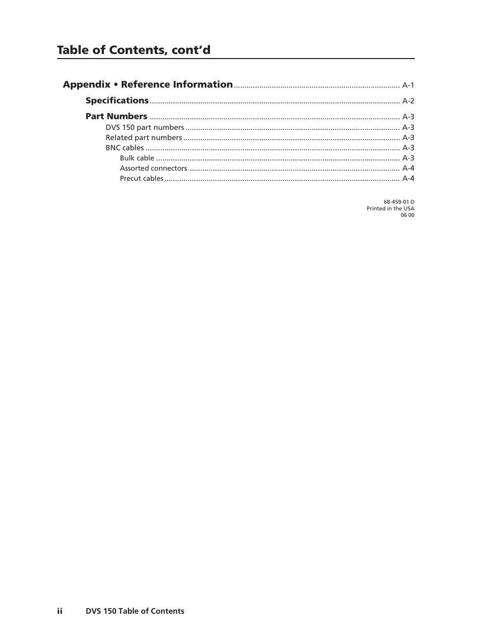 Table of contents, cont’d, Appendix • reference information | Extron Electronics DVS 150 User Manual | Page 6 / 38