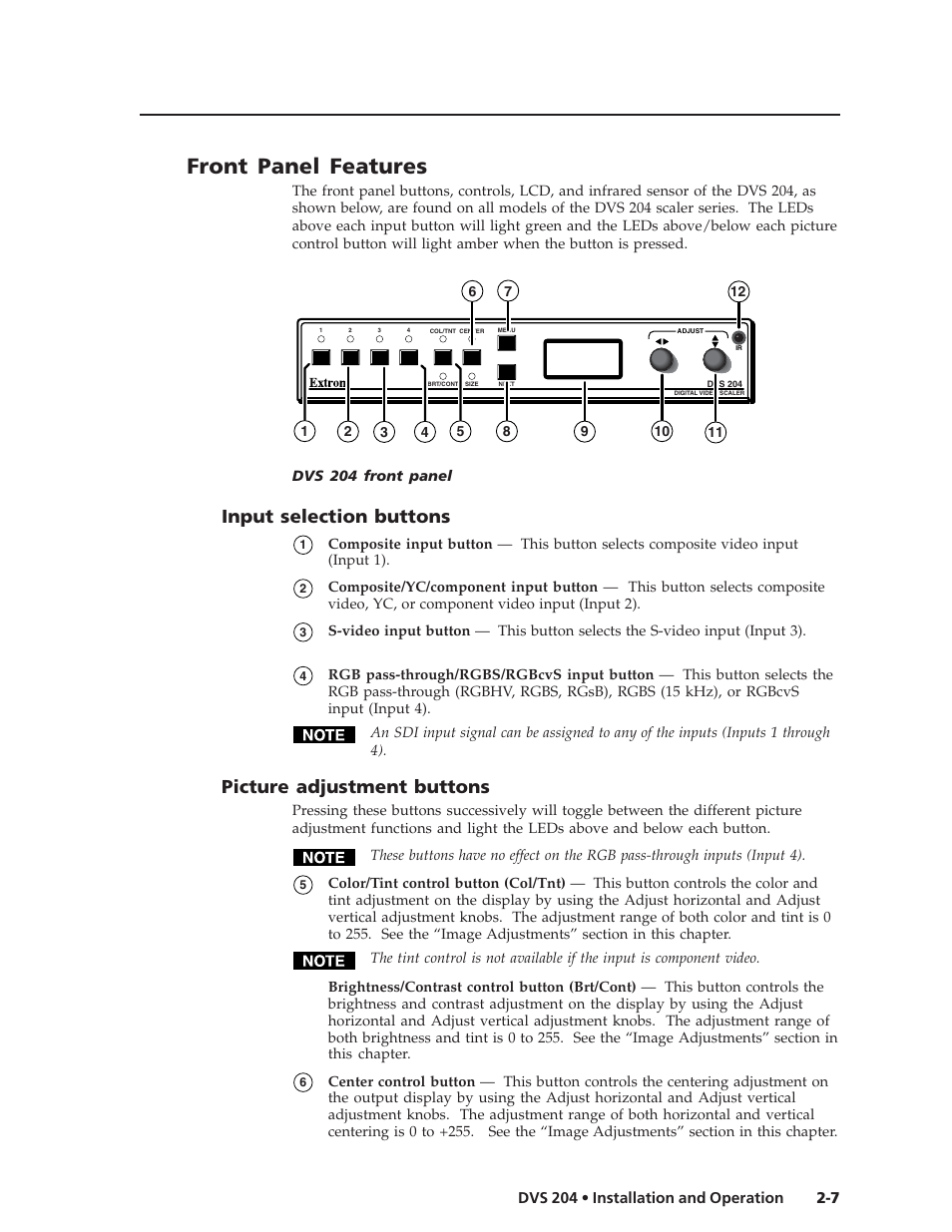 Front panel features, Input selection buttons, Picture adjustment buttons | Extron Electronics DVS 204 Series User Manual | Page 17 / 52