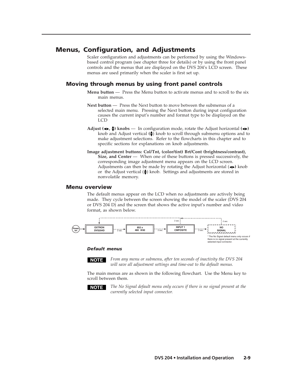 Menus, configuration, and adjustments, Moving through menus by using front panel controls, Menu overview | Extron Electronics DVS 204 Series User Manual | Page 19 / 52