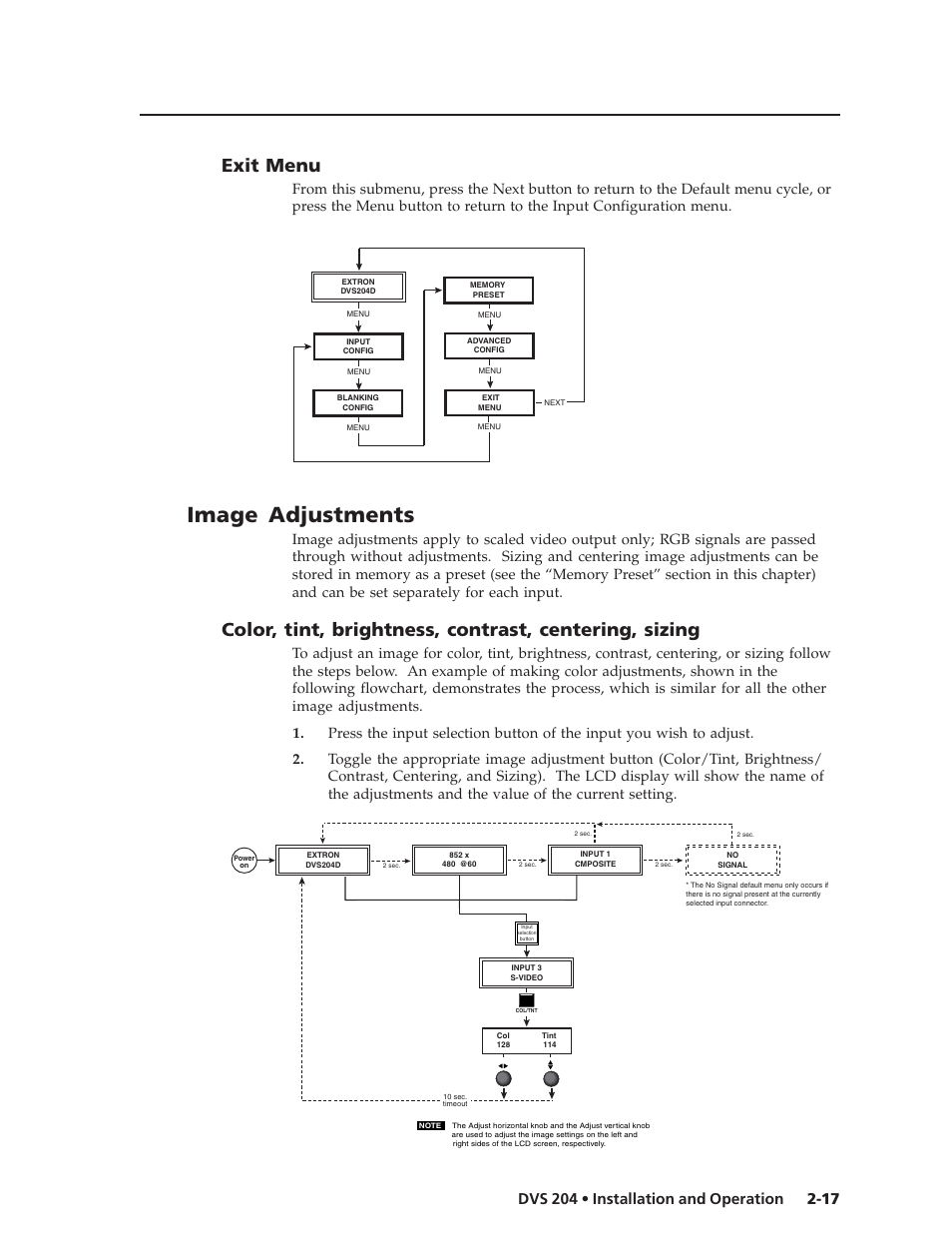 Image adjustments, Exit menu | Extron Electronics DVS 204 Series User Manual | Page 27 / 52