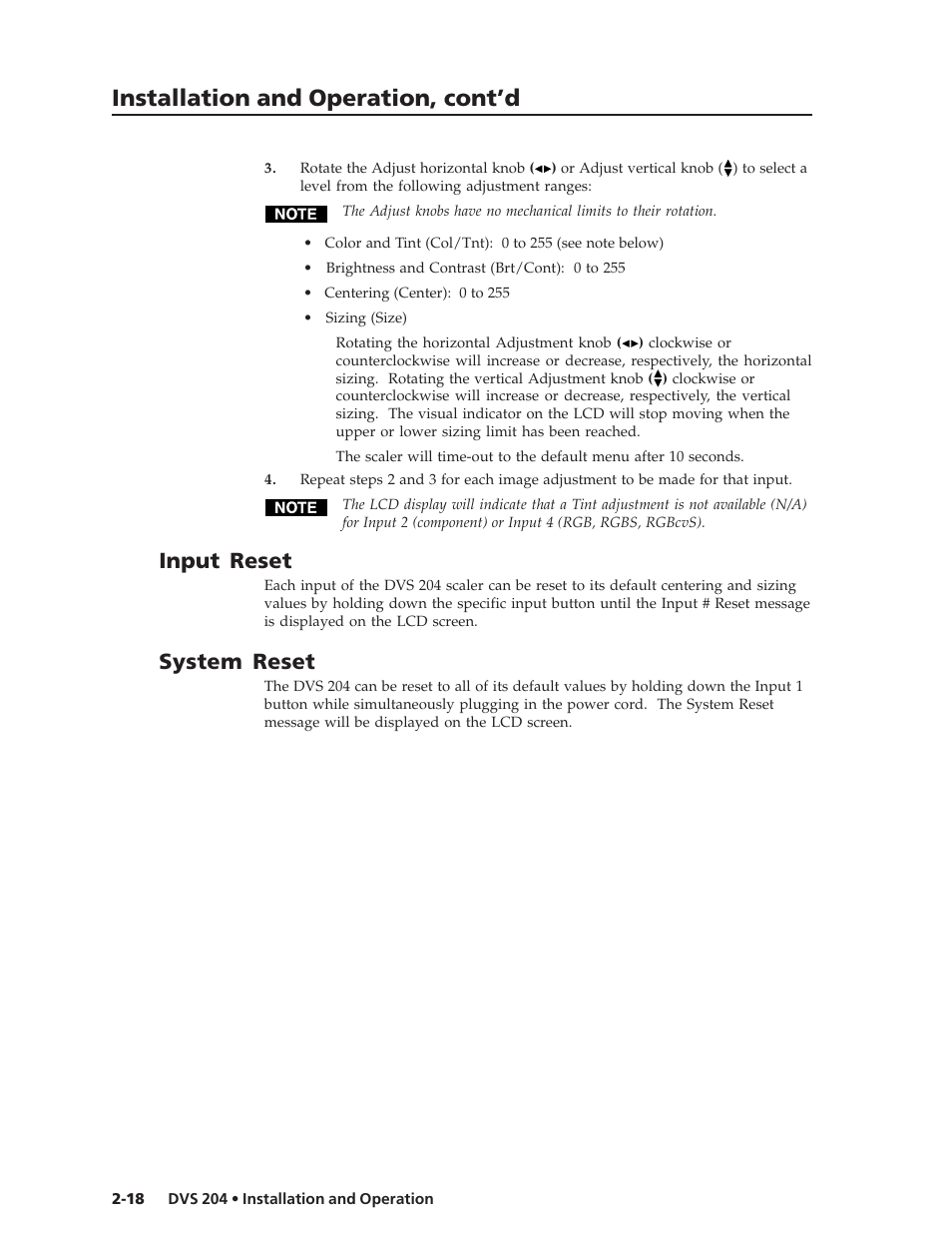 Installation and operation, cont’d, Input reset, System reset | Extron Electronics DVS 204 Series User Manual | Page 28 / 52