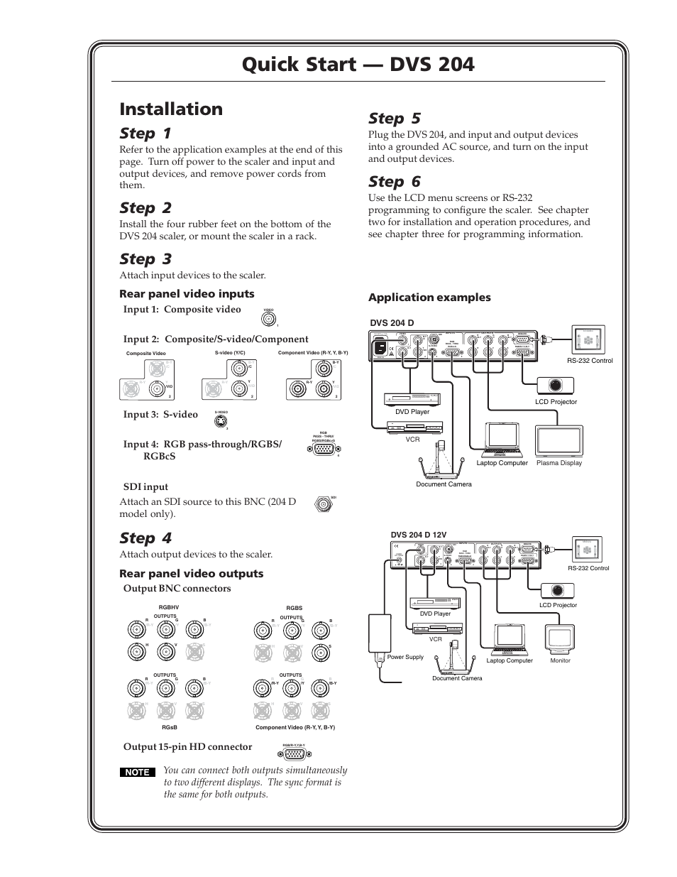 Quick start — dvs 204, Installation, Step 1 | Step 2, Step 3, Step 4, Step 5, Step 6, Rear panel video inputs, Rear panel video outputs | Extron Electronics DVS 204 Series User Manual | Page 3 / 52