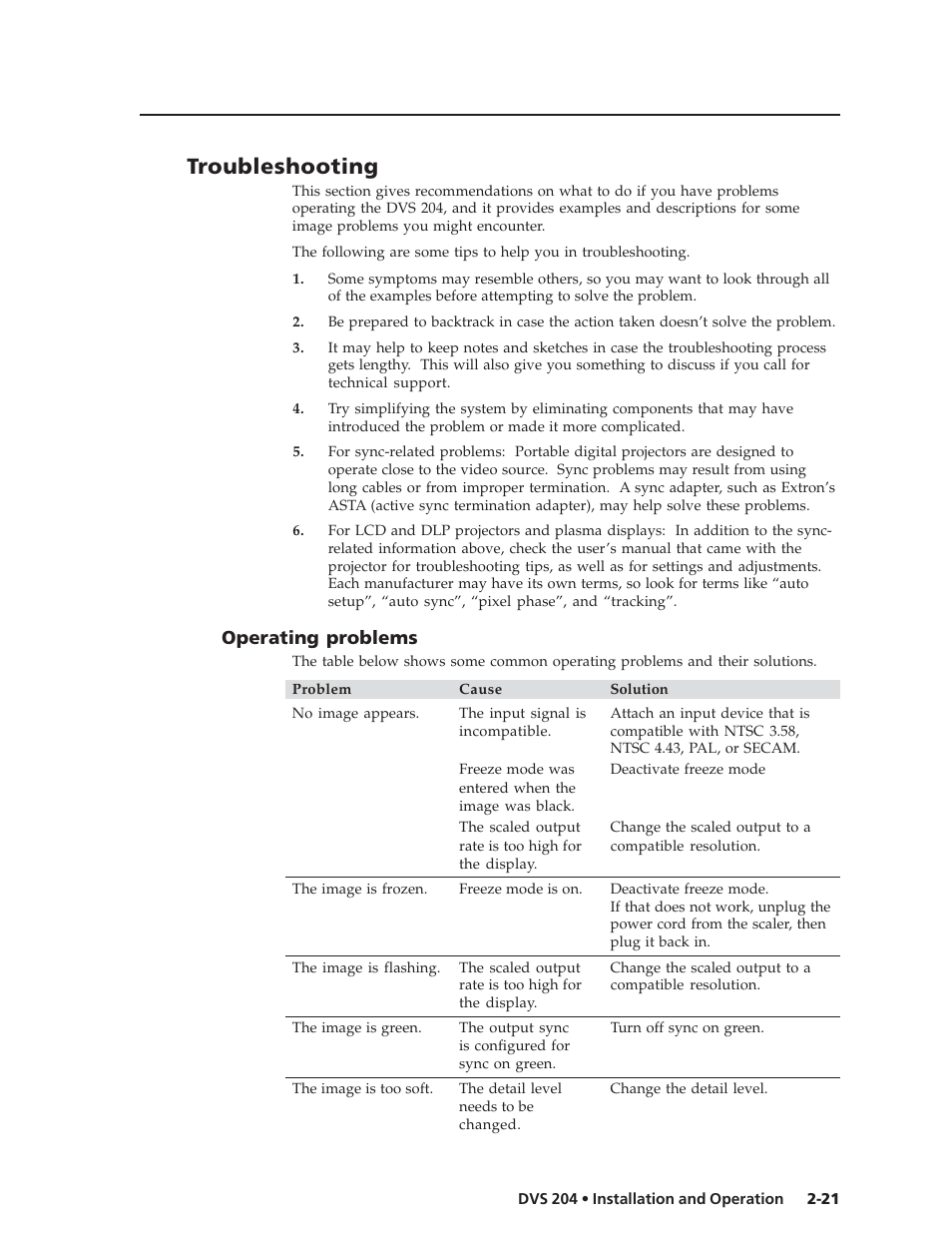 Troubleshooting, Operating problems | Extron Electronics DVS 204 Series User Manual | Page 31 / 52