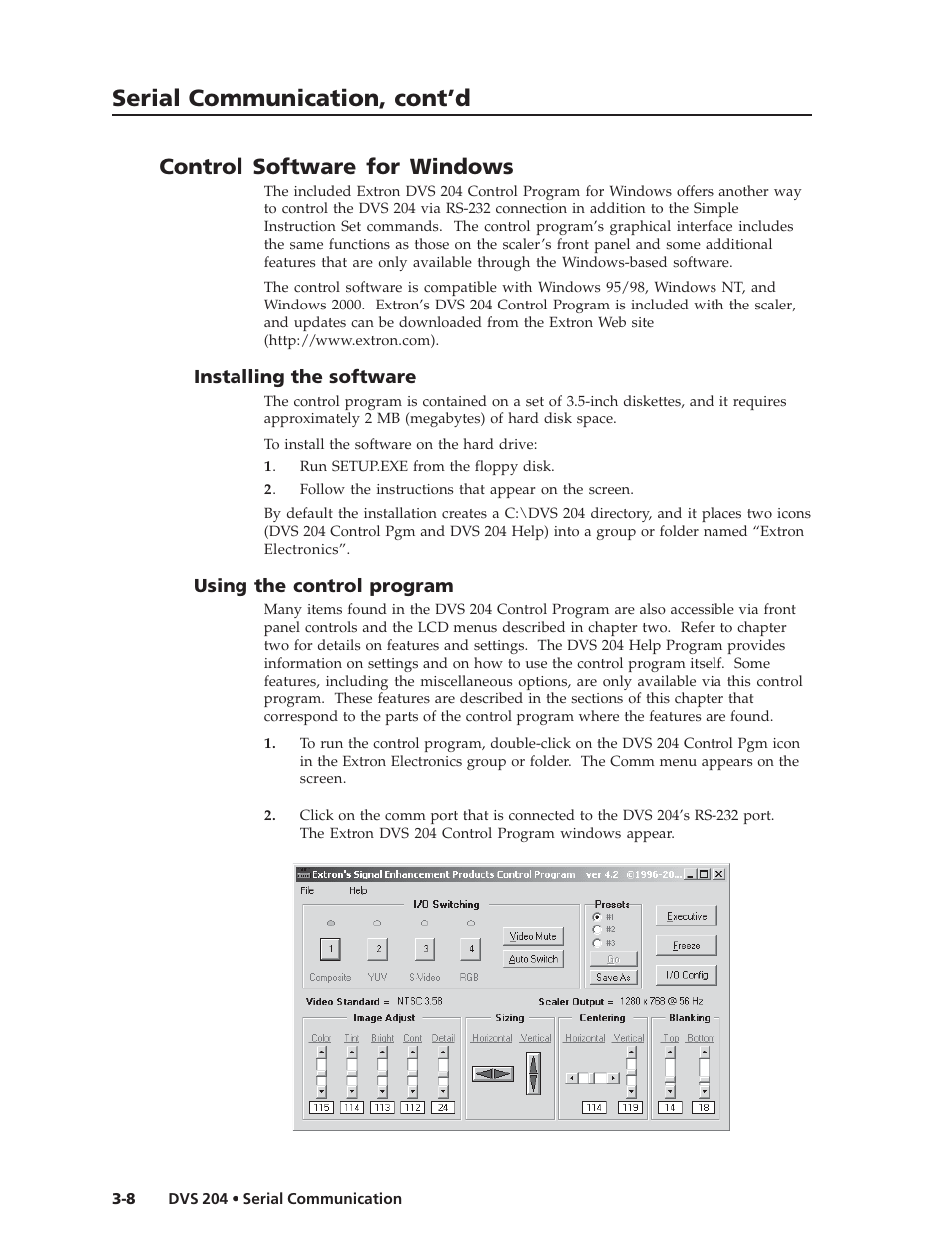 Serial communication, cont’d, Control software for windows | Extron Electronics DVS 204 Series User Manual | Page 40 / 52