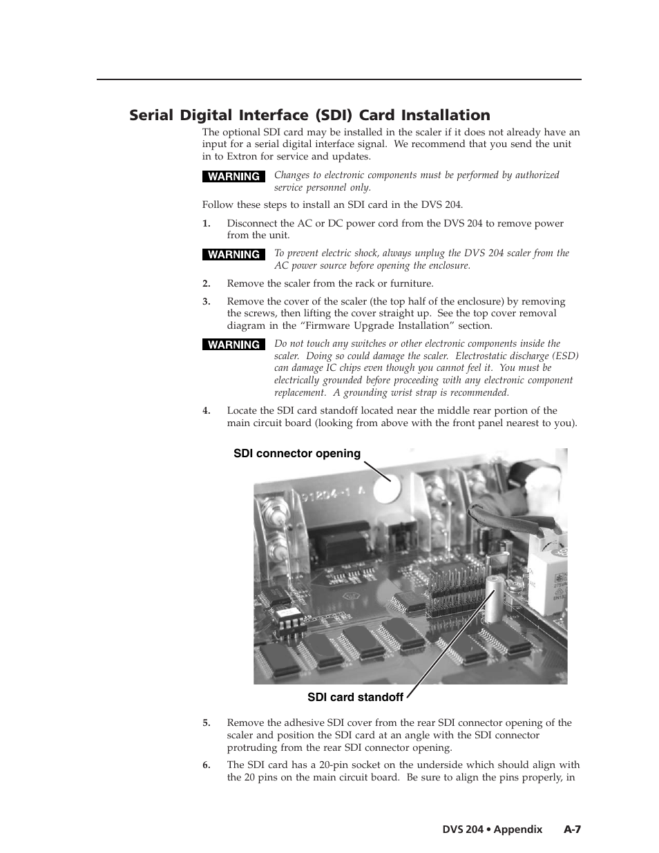 Serial digital interface (sdi) card installation | Extron Electronics DVS 204 Series User Manual | Page 49 / 52
