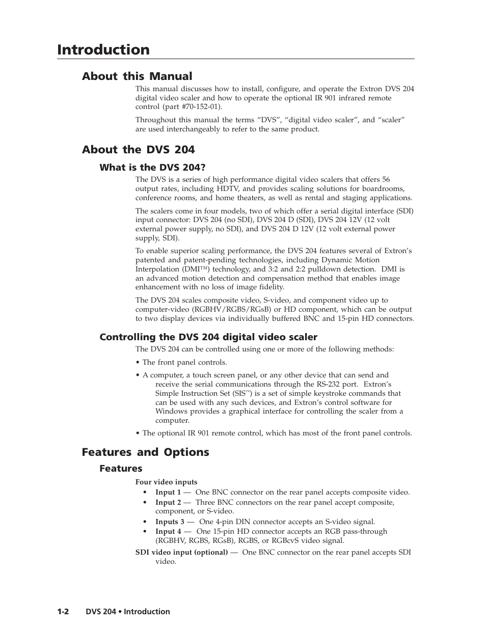 Introduction, About this manual, About the dvs 204 | Features and options | Extron Electronics DVS 204 Series User Manual | Page 8 / 52