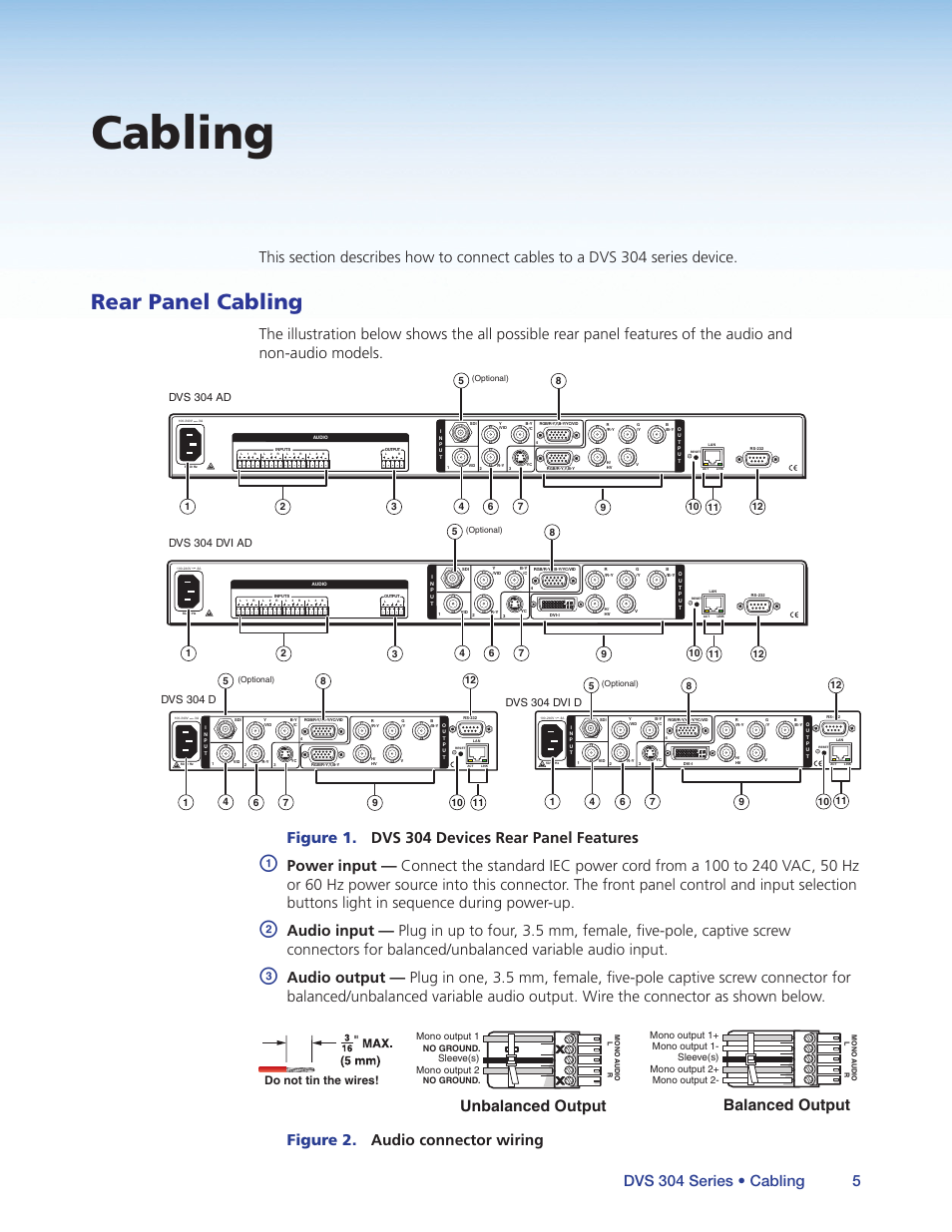 Cabling, Rear panel cabling, Figure 1. dvs 304 devices rear panel features | Unbalanced output balanced output, Do not tin the wires | Extron Electronics DVS 304 Series User Guide User Manual | Page 10 / 92