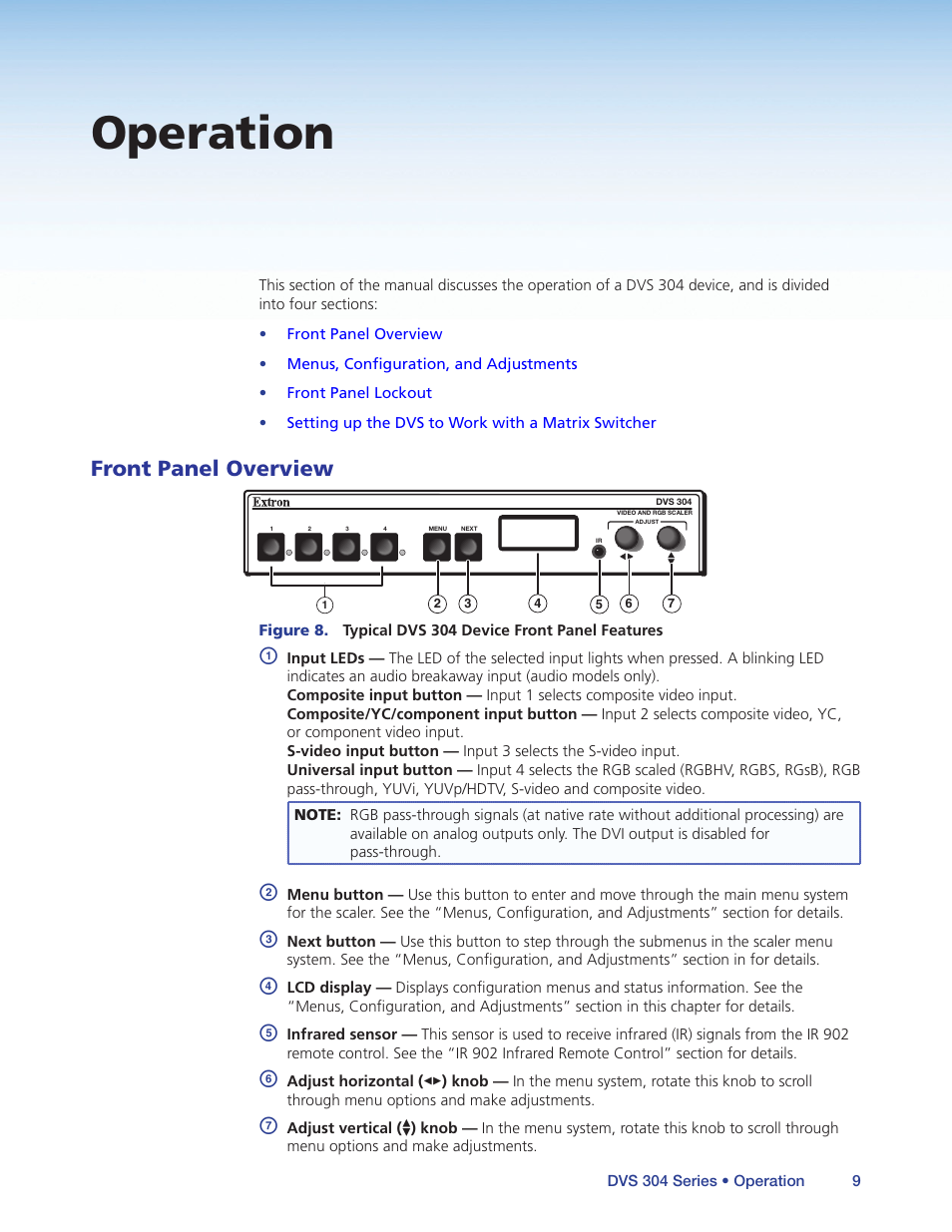 Operation, Front panel overview | Extron Electronics DVS 304 Series User Guide User Manual | Page 14 / 92