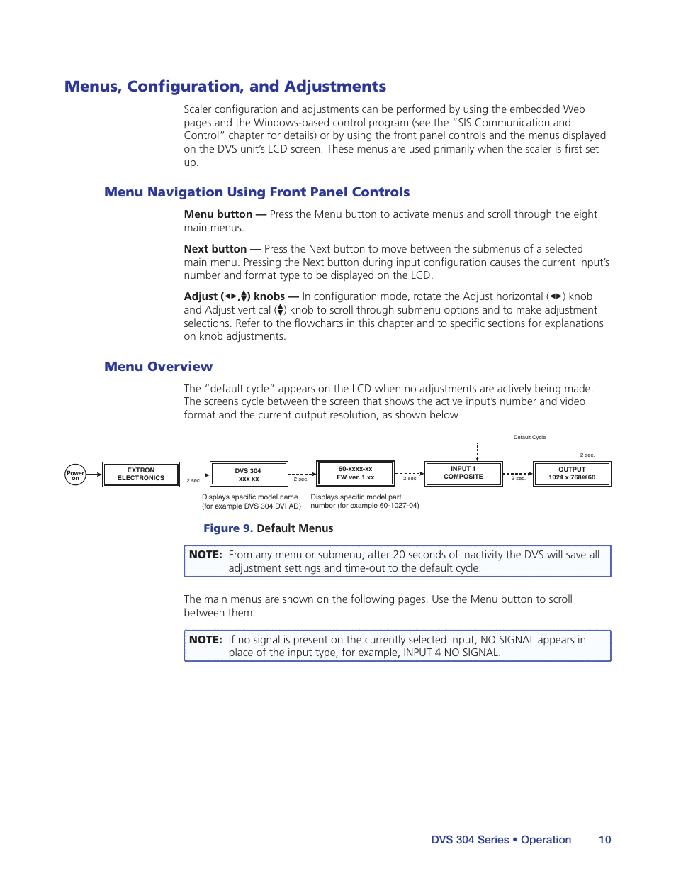 Menus, configuration, and adjustments, Menu navigation using front panel controls, Menu overview | Menu navigation using front, Panel controls | Extron Electronics DVS 304 Series User Guide User Manual | Page 15 / 92