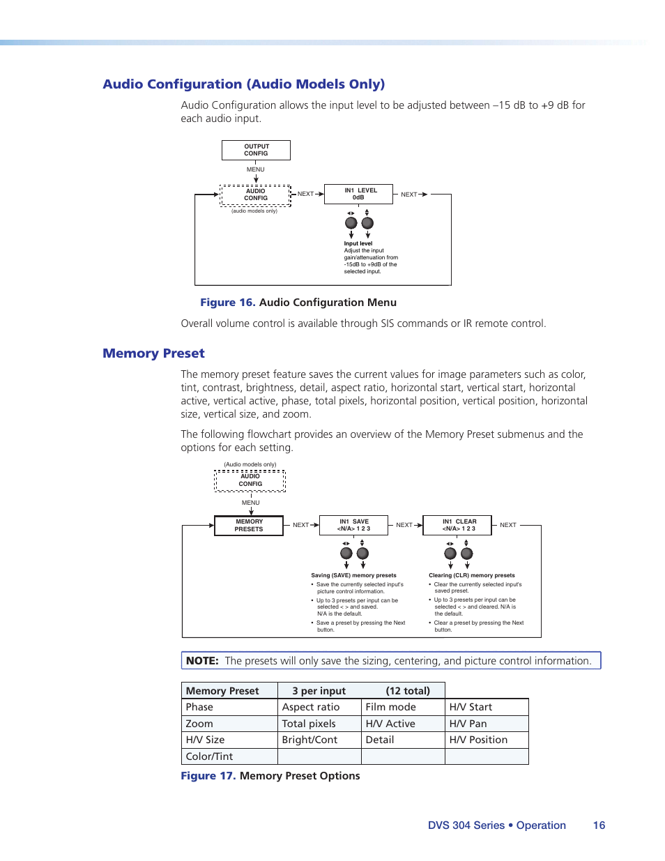 Audio configuration (audio models only), Memory preset, Audio configuration (audio | Models only) | Extron Electronics DVS 304 Series User Guide User Manual | Page 21 / 92