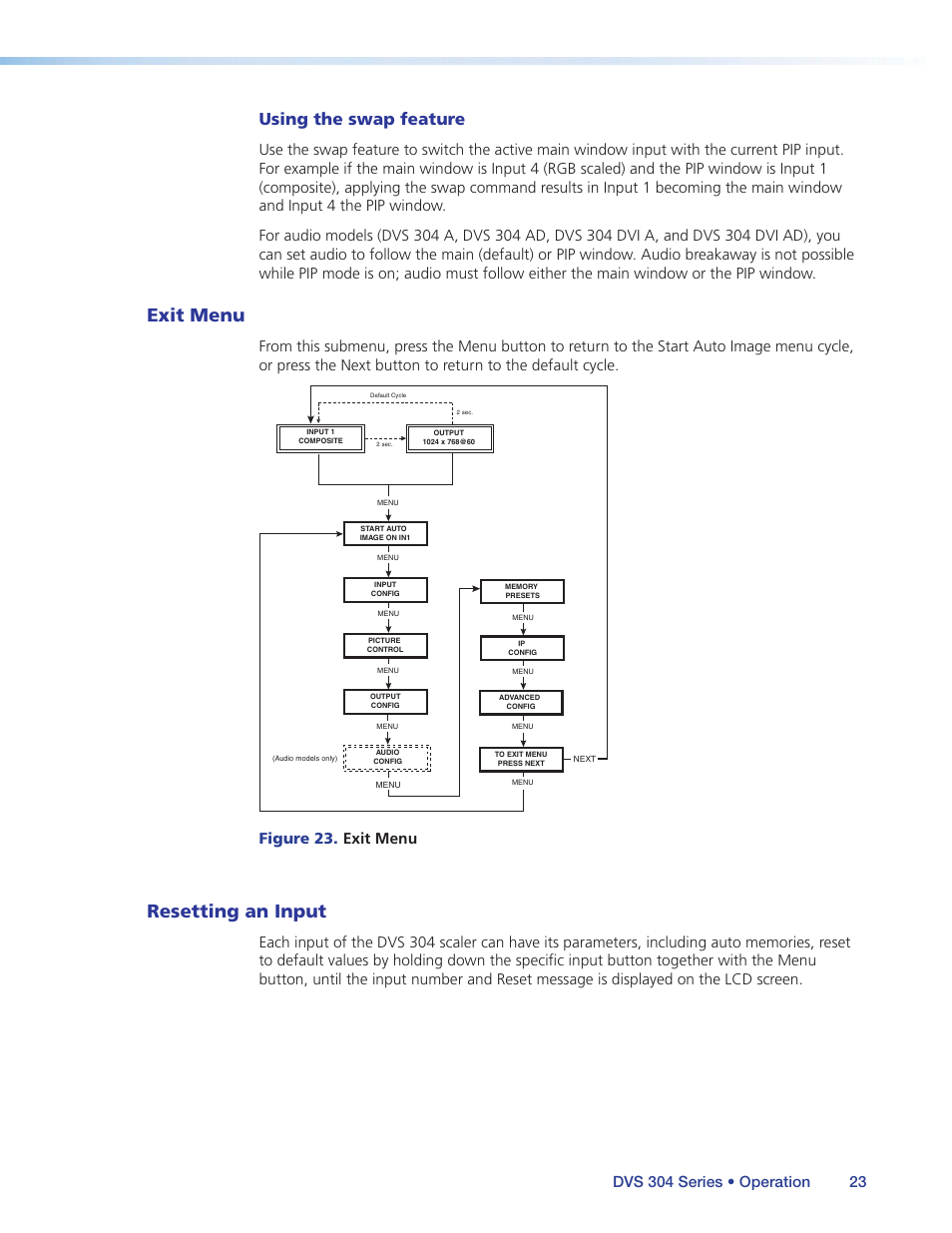 Exit menu, Resetting an input, Exit menu resetting an input | Using the swap feature, Figure 23. exit menu | Extron Electronics DVS 304 Series User Guide User Manual | Page 28 / 92