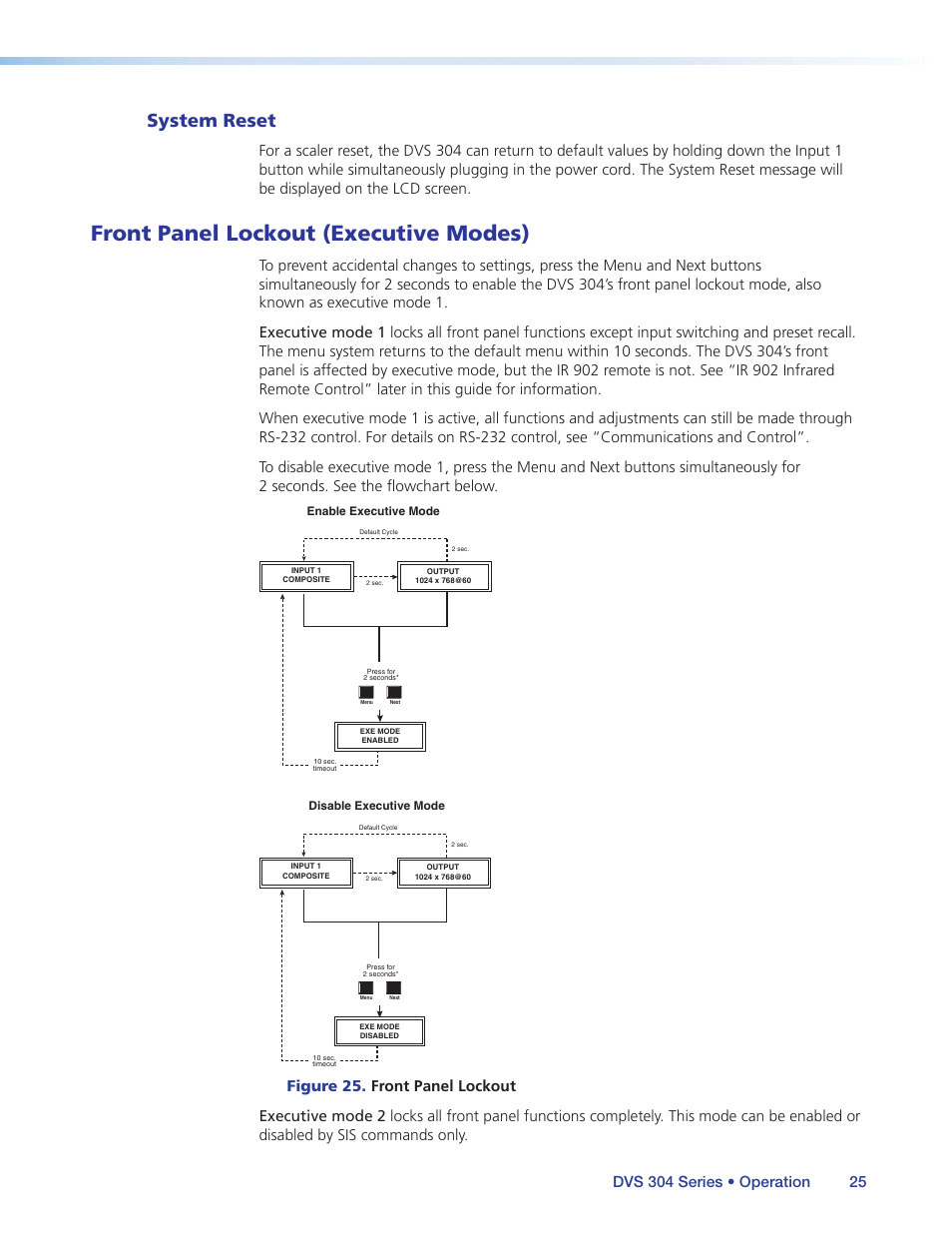 System reset, Front panel lockout (executive modes), Front panel lockout | Extron Electronics DVS 304 Series User Guide User Manual | Page 30 / 92