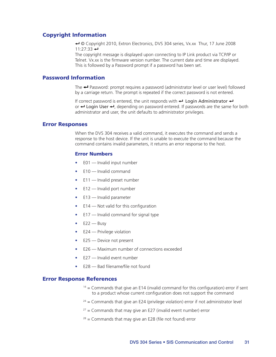 Copyright information, Password information, Error responses | Error response references | Extron Electronics DVS 304 Series User Guide User Manual | Page 36 / 92