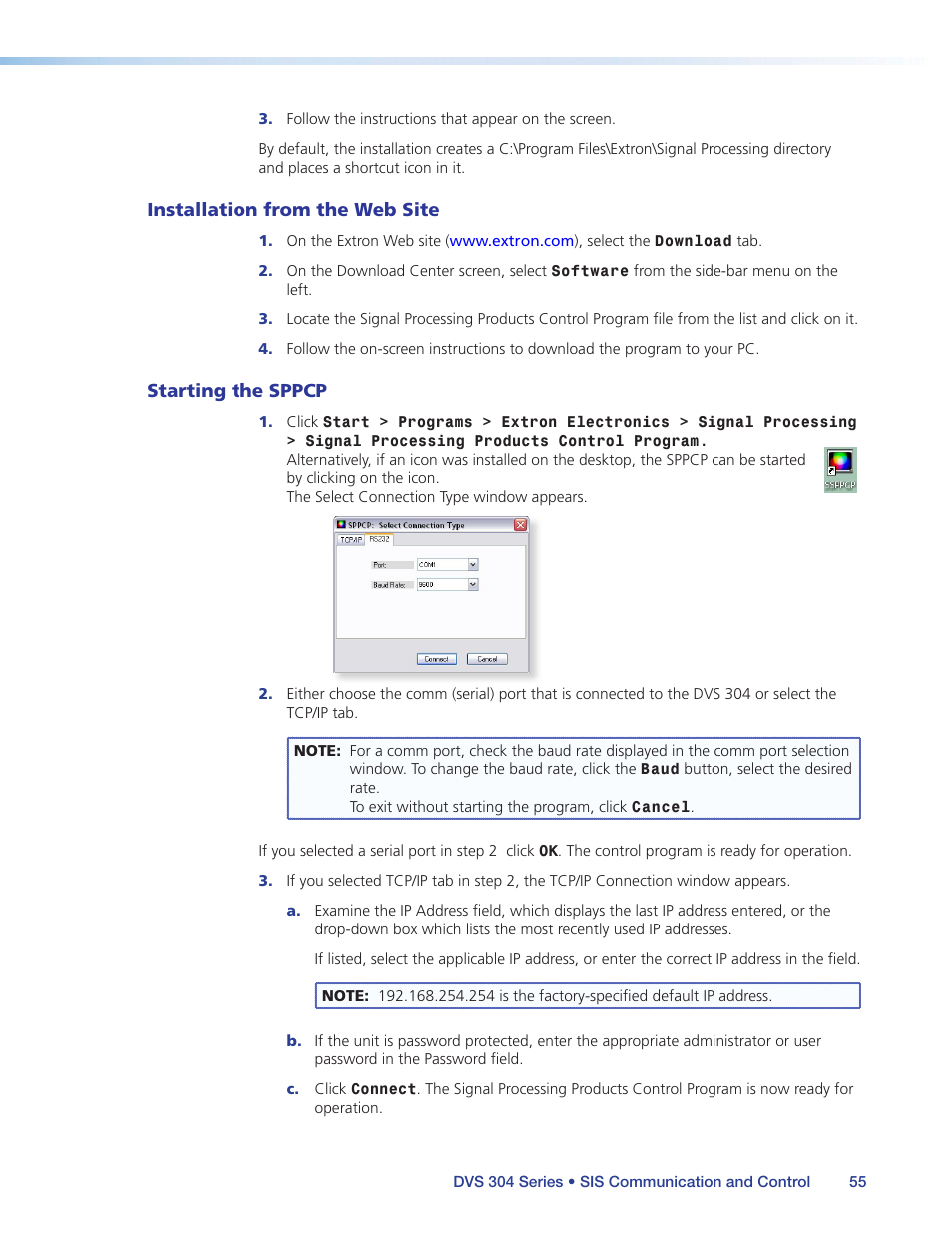 Installation from the web site, Starting the sppcp, Installation from the web site starting the sppcp | Extron Electronics DVS 304 Series User Guide User Manual | Page 60 / 92