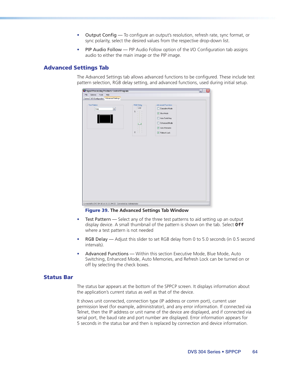 Advanced settings tab, Status bar, Advanced settings tab status bar | Extron Electronics DVS 304 Series User Guide User Manual | Page 69 / 92