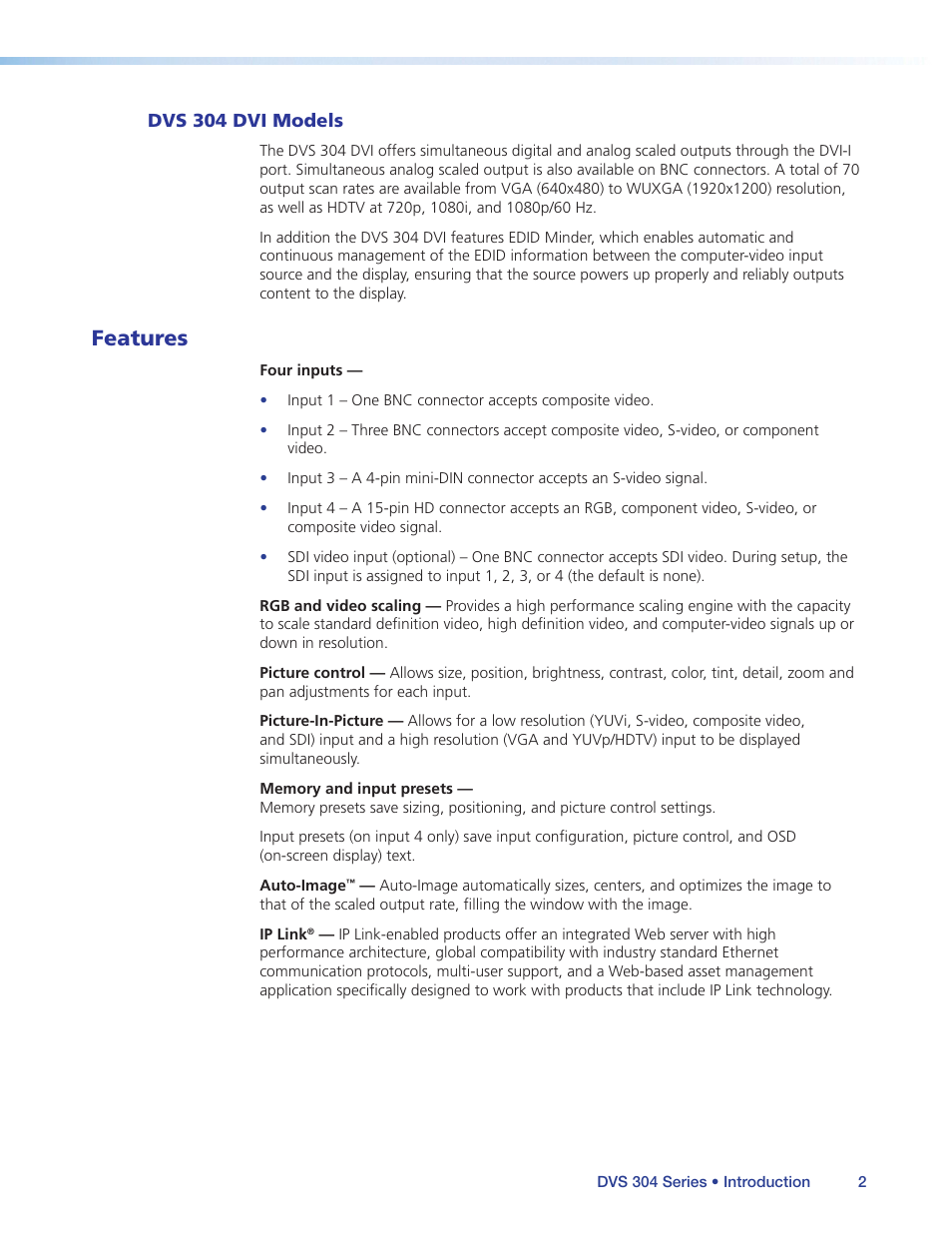 Dvs 304 dvi models, Features | Extron Electronics DVS 304 Series User Guide User Manual | Page 7 / 92