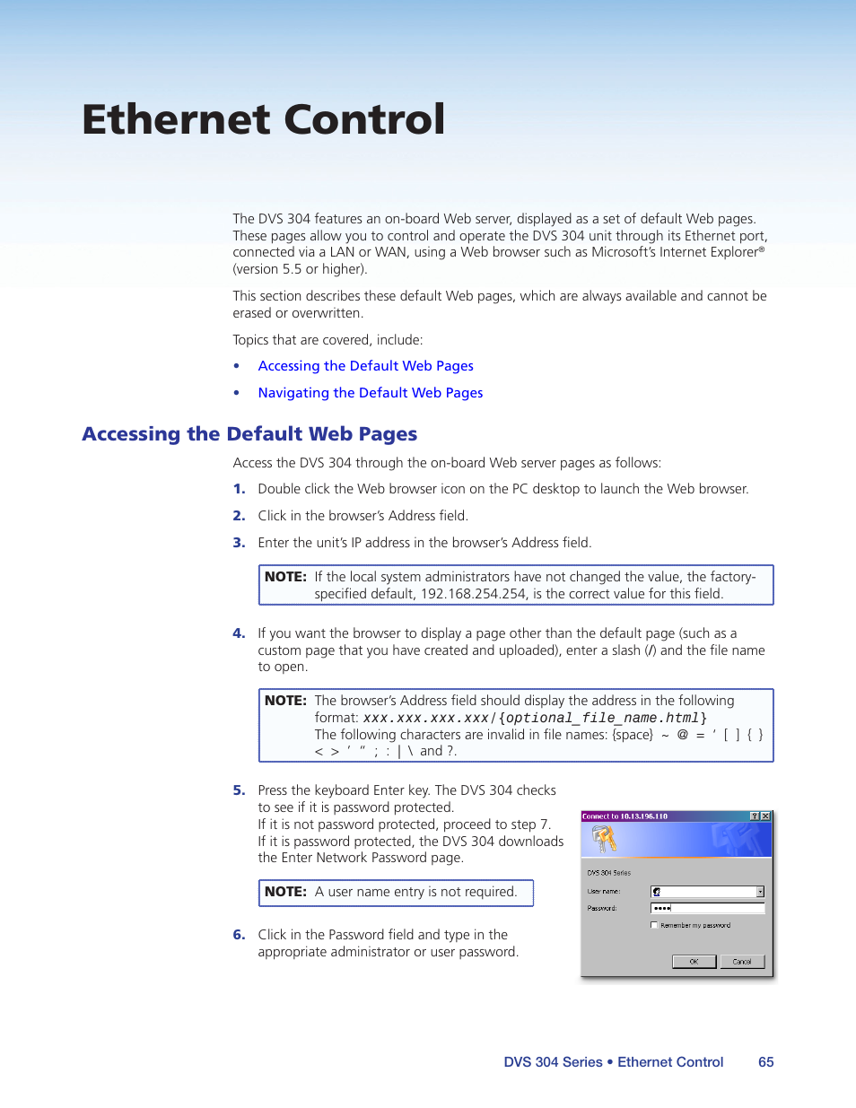 Ethernet control, Accessing the default web pages | Extron Electronics DVS 304 Series User Guide User Manual | Page 70 / 92
