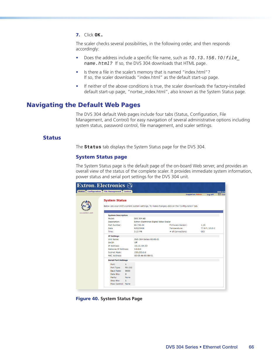 Status, Navigating the default web pages | Extron Electronics DVS 304 Series User Guide User Manual | Page 71 / 92