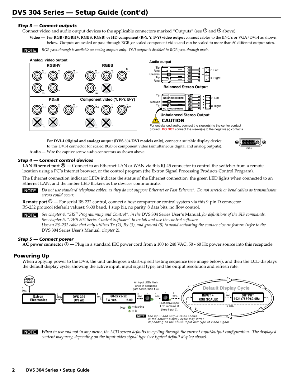 Dvs 304 series — setup guide (cont'd), Powering up, Caution | Dvs 304 series • setup guide 2, Above), Step 4 — connect control devices lan ethernet port, See chapter 4, “sis, Default display cycle | Extron Electronics DVS 304 Series Setup Guide User Manual | Page 2 / 4