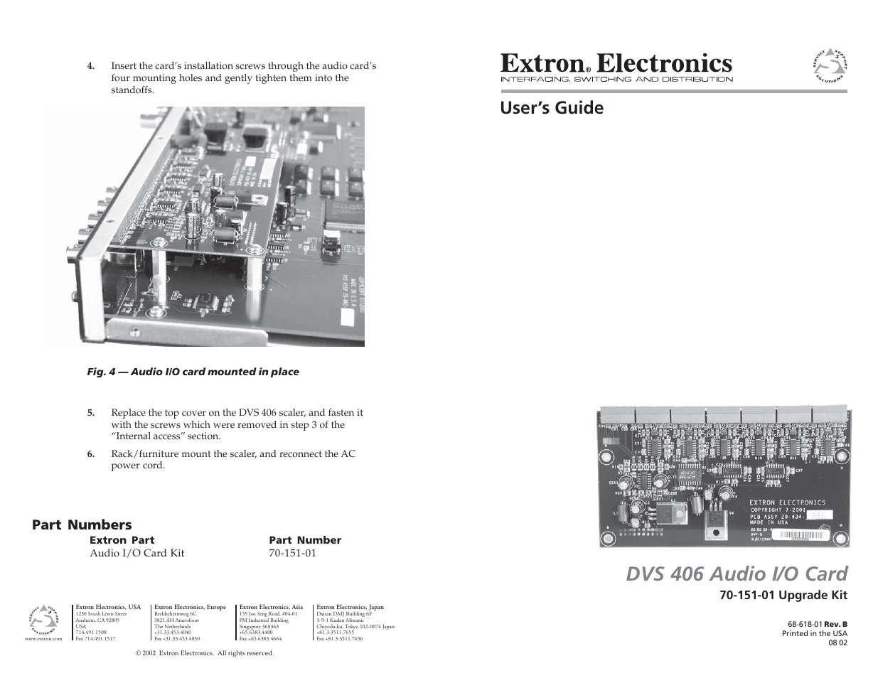 Extron Electronics DVS 406 Audio I_O Card User Manual | 2 pages