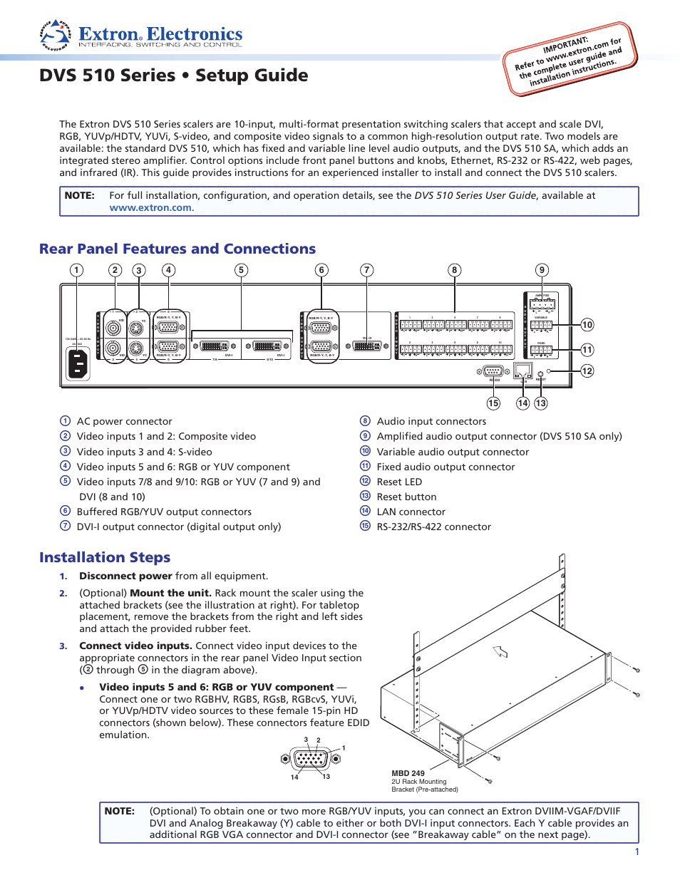 Extron Electronics DVS 510 Series Setup Guide User Manual | 4 pages
