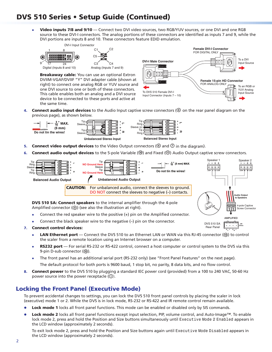 Dvs 510 series • setup guide (continued), Locking the front panel (executive mode) | Extron Electronics DVS 510 Series Setup Guide User Manual | Page 2 / 4