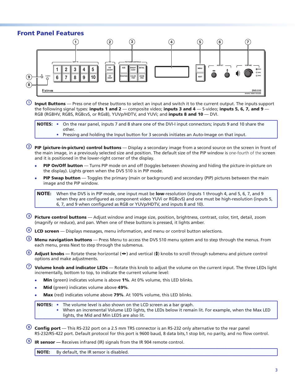 Front panel features, Product category | Extron Electronics DVS 510 Series Setup Guide User Manual | Page 3 / 4