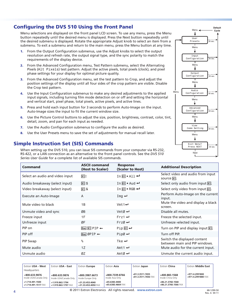 Configuring the dvs 510 using the front panel, Simple instruction set (sis) commands | Extron Electronics DVS 510 Series Setup Guide User Manual | Page 4 / 4