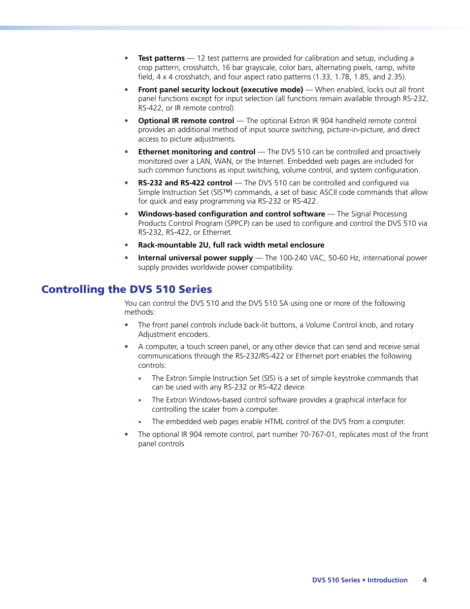 Controlling the dvs 510 series | Extron Electronics DVS 510 Series User Guide User Manual | Page 10 / 128