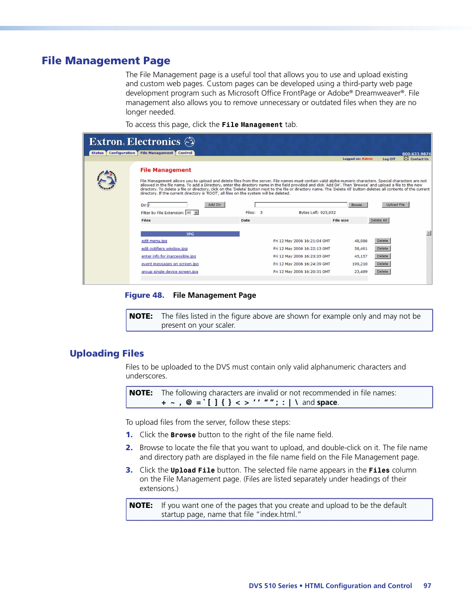 Uploading files, File management page | Extron Electronics DVS 510 Series User Guide User Manual | Page 103 / 128