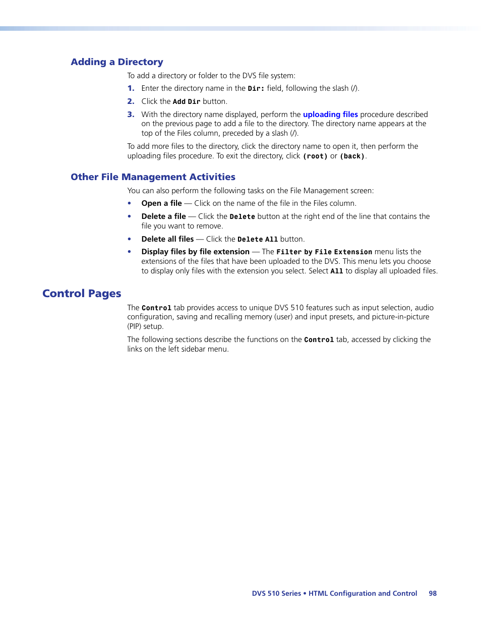 Adding a directory, Other file management activities, Control pages | Extron Electronics DVS 510 Series User Guide User Manual | Page 104 / 128