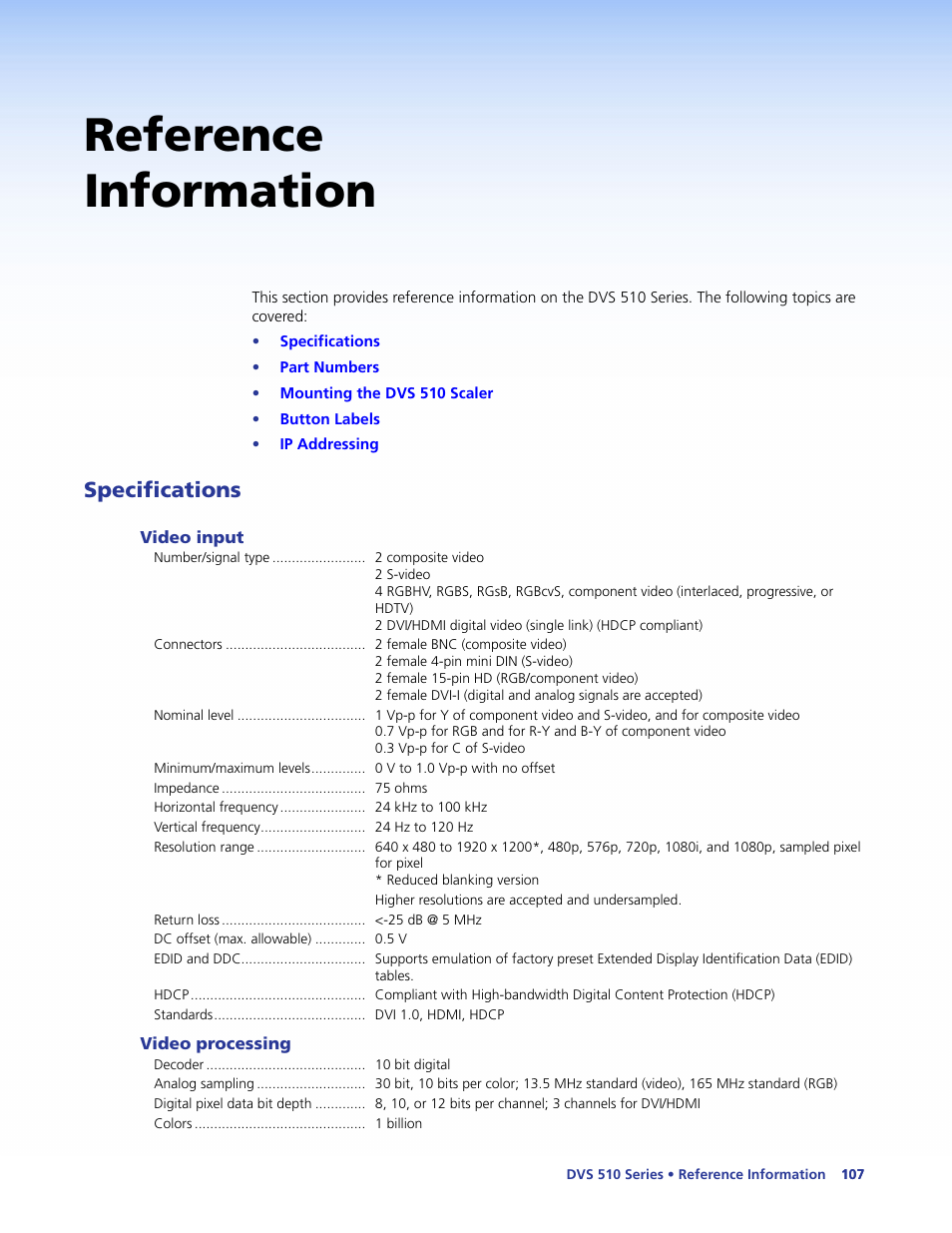 Reference information, Specifications | Extron Electronics DVS 510 Series User Guide User Manual | Page 113 / 128